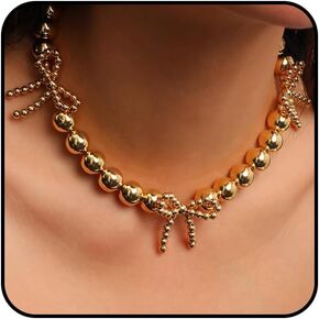 Chunky Gold Bow Beads Choker Necklace for Women Big Pearl Bowknot Clavicle Necklace Adjustable Statement Ball Necklace Wedding Jewelry Gift for Bride