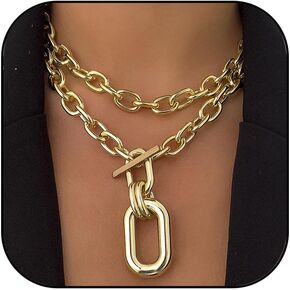 Chunky Choker Necklaces for Women 14K Gold Plated Layered Necklace Punk Thick Chain Necklace Dainty Round Pendant Toggle Necklaces Paperclip Necklace Gifts for Women