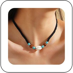 Boho Shell Choker Necklace Black Woven Rope Necklace Vintage Turquoise Beaded Necklace Cowrie Adjustable Braided Clavicle Necklace Chain Jewelry for Women