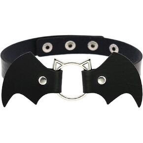 COLORFUL BLING Punk Demon Wings Black Leather Choker Necklace Gothic Pu Leather Cute Cat Head Ring Choker Rock Collar for Women
