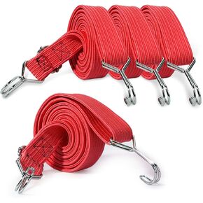 4 Pcs Adjustable Flat Bungee Straps 80 Inches Heavy Duty Bungee Cords with Metal Buckle Hooks Elastic Band Perfect Luggage Strap for Bike Motorcycle Truck Outdoor Camping Traveling (Red)