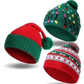 Chivao 3 Pcs 2024 Christmas Santa Elf Beanie Hat Winter Knitted Crochet Santa Xmas Hat with Pompom for Adults Women Men Gift