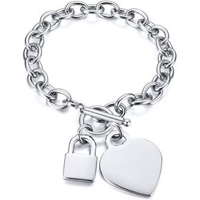 VNOX Personalized Initial Name Stainless Steel Trendy Cable Chain Bracelet Neckalce Set with Padlock Heart Charm and Toggle Clasp Closure