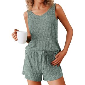 Ekouaer Women's Pajamas Sleeveless V Neck Pjs Set Ribbed Knit Summer Loungewear Sleepwear S-XXL
