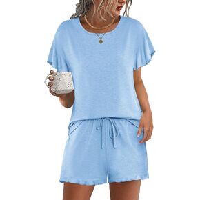 Ekouaer Short Pajama Sets 2 Piece Ruffle Short Sleeve Pj Sets Soft Loungewear Sets for Women