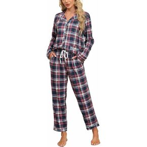 MoFiz Womens Pajama Set 2 Piece Long Sleeve Plaid Pjs V Neck Drawstring Elastic Waist Sleepwear Nightwear Lounge Set Comfy