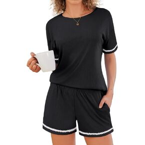 Ekouaer Pajama for Women Sets 2 Piece Ribbed Knit Lounge Sets Pjs Shorts Summer Short Sleeve Sleepwear with Pockets