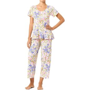 HUE Women's Printed Knit Short Sleeve Tee with Flounce Hem and Pant 2 Piece Pajama Set Sleepwear
