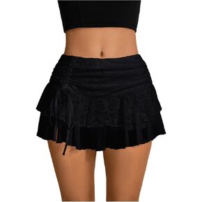 Verdusa Women's Y2k Low Waist Lace Mesh Layered Ruffled Mini Skirt Skort
