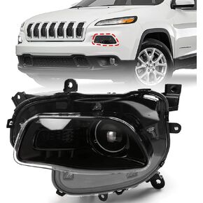 FIONE-For Jeep Cherokee Headlights Assembly 2014-2018 Right Passenger Side Halogen Black Trim Headlamp 61802846AE CH2503249