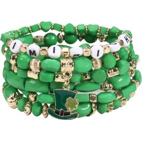 Pingyongchang St.Patrick’s Day Beads Bracelets Lucky Irish Shamrock Adjustable Stackable Stretch Bracelet Cute Green Clover Leaf Beaded Bracelet for Women Men Holiday Festive Jewelry