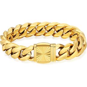 KRKC&CO 14mm Mens Cuban Link Bracelet, 18k Gold Plated Miami Thick Bracelet, Cross, Compass, Skulls Round, Carve Clasp, Durable Anti-tarnish Urban Street-wear Hip Hop Jewelry for Him (Carve, gold, 8in)