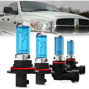 Headlight Bulbs Compatible With Dodge Ram 2002-2007, 9007 High Low Beam + 9006 Fog Lights Halogen Light Bulb Combo, Super Bright 6000K White, Plug and Play, Pack of 4