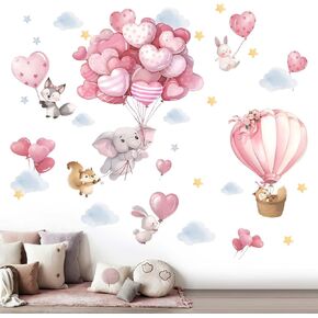 Animals Balloon Wall Stickers for Nursery: Baby Girls Kids Boys Bedroom Wall Decals - Pink Hot Air Balloon Elephant Fox