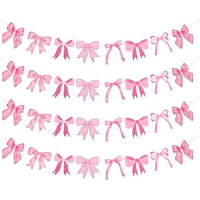 4pcs Bow Garland Banner, Pre-Strung Pink Bow Garland Banner Bow Party Decor for Girls Princess Birthday Banner Baby Shower Decorations