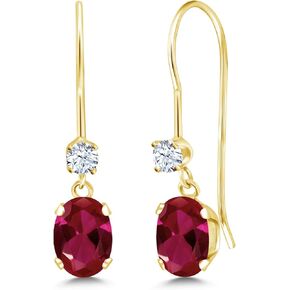 Gem Stone King 14K Yellow Gold Red Created Ruby French Wire Dangle Earrings For Women (1.10 Cttw, Gemstone July Birthstone, Oval 6X4MM and Round 2.5MM)