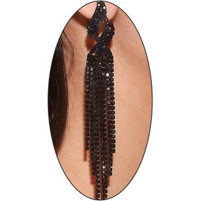 Long Rhinestone Tassel Statement Earrings for Women Bohemia Crystal Flower Leaf Dangle Earrings Minimalist Exaggerated Zircon Earrings Prom Jewelry (Black)