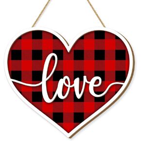 Valentines Day Door Sign Decor, 3D Heart Shaped Love Wooden Hanging Sign for Happy Valentines Wall Decor, Red and Black Buffalo Check Plaid Rustic Farmhouse Wedding Home Decorations in Kuwait