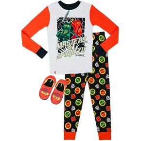 LEGO Ninjago Boys 2 Piece Cotton Pajamas with Slippers, Size 6 Red