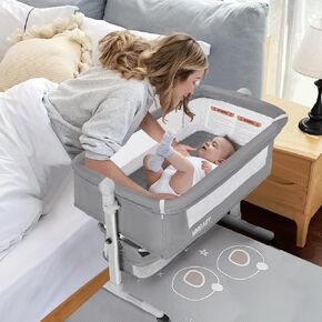 New Bassinet Bedside Sleeper, Baby Bed Crib Portable Baby Crib with Wheels for Infant Toddler Bed with Mattress, Breathable Mesh, 7 Adjustable Height,Easy Folding Portable Bedside Crib (Blue)