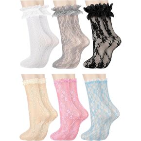 Geyoga 6 Pairs Slouch Lace Socks Women Cute Ruffle Ankle Socks High Loose Mesh Frilly Lace Socks for Women Girls Dress
