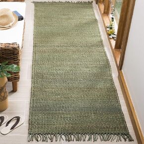 SAFAVIEH Natural Fiber Collection Runner Rug - 2'3" x 10', Green, Handmade Boho Fringe Woven Jute, Ideal for High Traffic Areas in Living Room, Bedroom (NF368G)