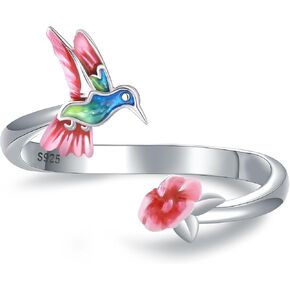 Dainty Hummingbird Rings for Women - 925 Sterling Silver Hummingbird Rings Jewelry Cute Bird Ring Blue Green Pink Gradient Hummingbird Flower Rings Gifts
