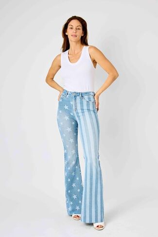 Judy Blue 'The Americana' Flare Jeans - High Waist, Patriotic Stars & Stripes, Stretch Denim 88695- in Kuwait