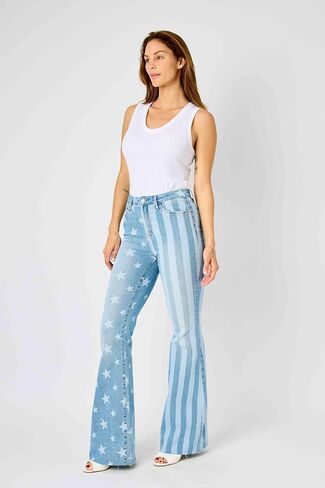Judy Blue 'The Americana' Flare Jeans - High Waist, Patriotic Stars & Stripes, Stretch Denim 88695- in Kuwait
