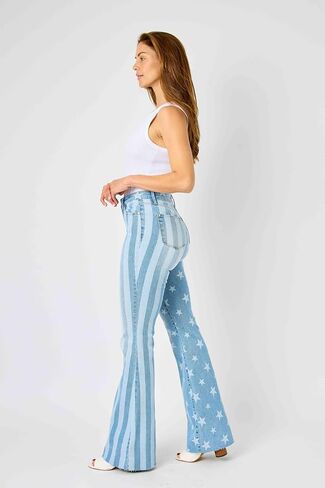 Judy Blue 'The Americana' Flare Jeans - High Waist, Patriotic Stars & Stripes, Stretch Denim 88695- in Kuwait