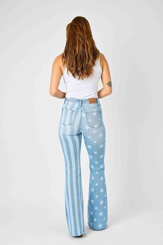 Judy Blue 'The Americana' Flare Jeans - High Waist, Patriotic Stars & Stripes, Stretch Denim 88695- in Kuwait