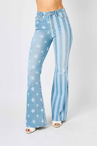 Judy Blue 'The Americana' Flare Jeans - High Waist, Patriotic Stars & Stripes, Stretch Denim 88695- in Kuwait