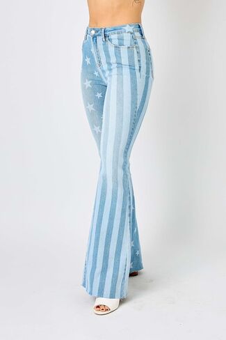 Judy Blue 'The Americana' Flare Jeans - High Waist, Patriotic Stars & Stripes, Stretch Denim 88695- in Kuwait