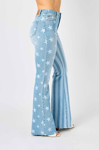 Judy Blue 'The Americana' Flare Jeans - High Waist, Patriotic Stars & Stripes, Stretch Denim 88695- in Kuwait