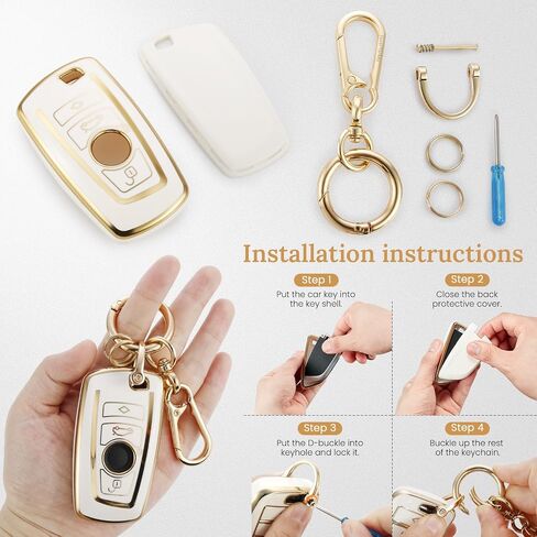 غطاء مفتاح BMW Key Fob مع سلسلة مفاتيح معدنية متينة مقاومة للخسارة، حافظة ناعمة على شكل Spuare عصرية لمفتاح BMW الذكي الكلاسيكي (ذهبي، A1) in Kuwait