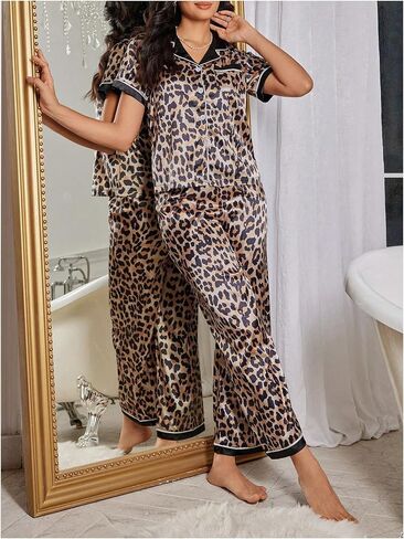 Milumia Women's 2 Pcs PJ Set Leopard Print Pajama Set Short Sleeve Satin Sleepwear in Saudi Arabia