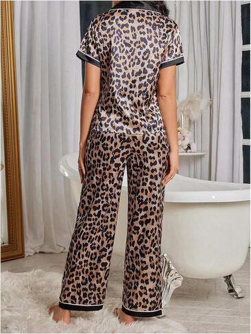 Milumia Women's 2 Pcs PJ Set Leopard Print Pajama Set Short Sleeve Satin Sleepwear in Saudi Arabia