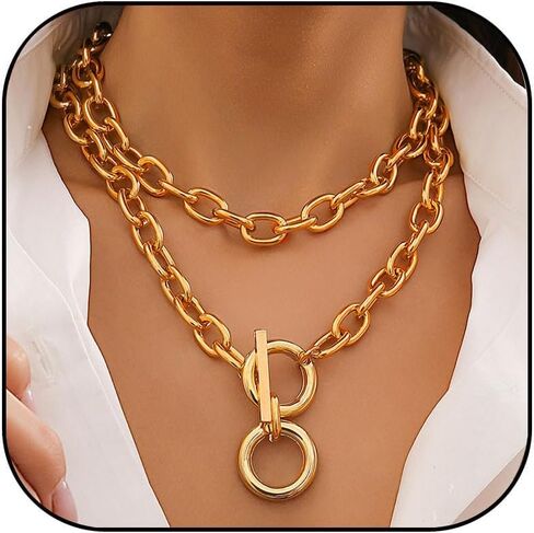 Chunky Choker Necklaces for Women 14K Gold Plated Layered Necklace Punk Thick Chain Necklace Dainty Round Pendant Toggle Necklaces Paperclip Necklace Gifts for Women in Kuwait