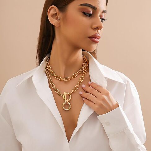 Chunky Choker Necklaces for Women 14K Gold Plated Layered Necklace Punk Thick Chain Necklace Dainty Round Pendant Toggle Necklaces Paperclip Necklace Gifts for Women in Kuwait