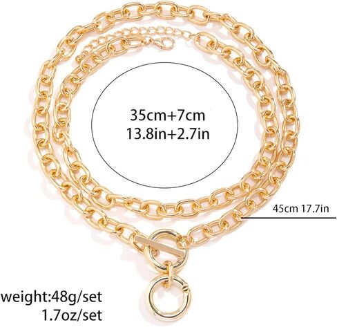 Chunky Choker Necklaces for Women 14K Gold Plated Layered Necklace Punk Thick Chain Necklace Dainty Round Pendant Toggle Necklaces Paperclip Necklace Gifts for Women in Kuwait