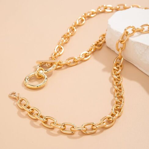 Chunky Choker Necklaces for Women 14K Gold Plated Layered Necklace Punk Thick Chain Necklace Dainty Round Pendant Toggle Necklaces Paperclip Necklace Gifts for Women in Kuwait