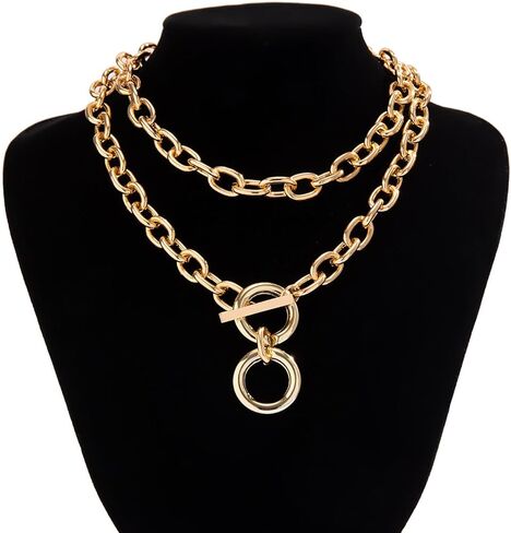 Chunky Choker Necklaces for Women 14K Gold Plated Layered Necklace Punk Thick Chain Necklace Dainty Round Pendant Toggle Necklaces Paperclip Necklace Gifts for Women in Kuwait