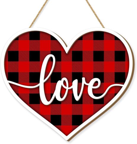 Valentines Day Door Sign Decor, 3D Heart Shaped Love Wooden Hanging Sign for Happy Valentines Wall Decor, Red and Black Buffalo Check Plaid Rustic Farmhouse Wedding Home Decorations in Kuwait