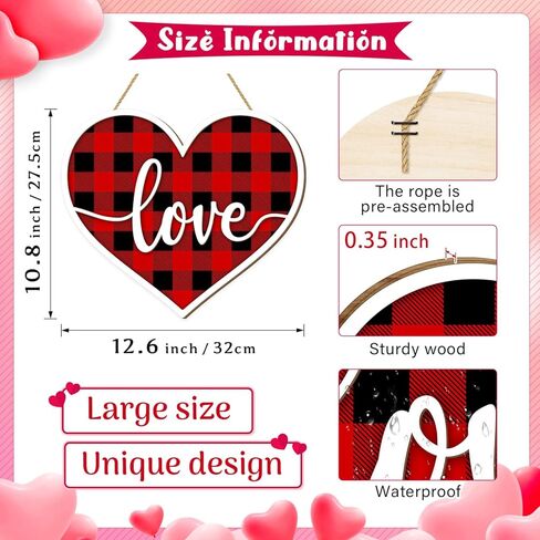 Valentines Day Door Sign Decor, 3D Heart Shaped Love Wooden Hanging Sign for Happy Valentines Wall Decor, Red and Black Buffalo Check Plaid Rustic Farmhouse Wedding Home Decorations in Kuwait