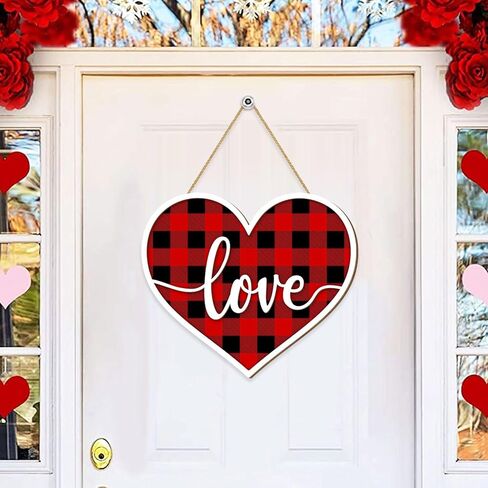 Valentines Day Door Sign Decor, 3D Heart Shaped Love Wooden Hanging Sign for Happy Valentines Wall Decor, Red and Black Buffalo Check Plaid Rustic Farmhouse Wedding Home Decorations in Kuwait