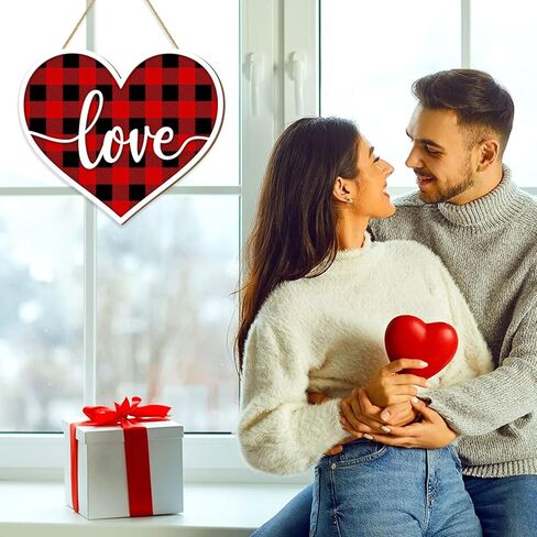 Valentines Day Door Sign Decor, 3D Heart Shaped Love Wooden Hanging Sign for Happy Valentines Wall Decor, Red and Black Buffalo Check Plaid Rustic Farmhouse Wedding Home Decorations in Kuwait
