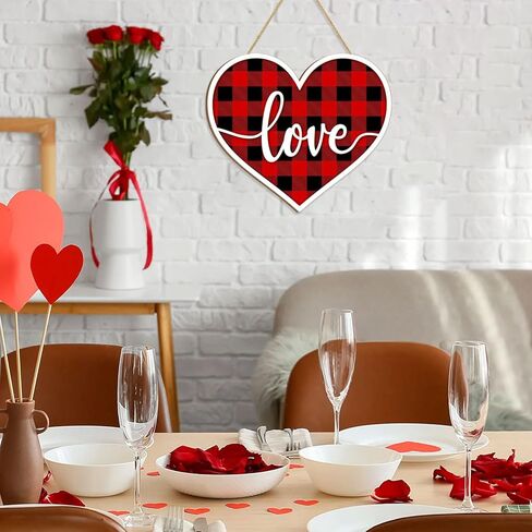 Valentines Day Door Sign Decor, 3D Heart Shaped Love Wooden Hanging Sign for Happy Valentines Wall Decor, Red and Black Buffalo Check Plaid Rustic Farmhouse Wedding Home Decorations in Kuwait