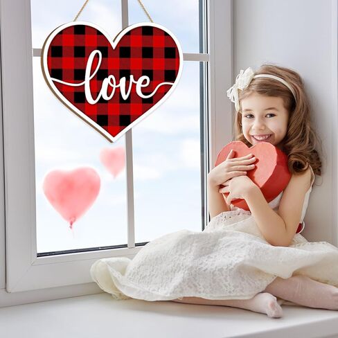 Valentines Day Door Sign Decor, 3D Heart Shaped Love Wooden Hanging Sign for Happy Valentines Wall Decor, Red and Black Buffalo Check Plaid Rustic Farmhouse Wedding Home Decorations in Kuwait