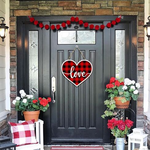 Valentines Day Door Sign Decor, 3D Heart Shaped Love Wooden Hanging Sign for Happy Valentines Wall Decor, Red and Black Buffalo Check Plaid Rustic Farmhouse Wedding Home Decorations in Kuwait