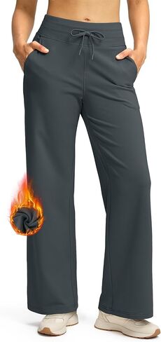 SANTINY Women's Fleece Wide Leg Sweatpants 29" Straight Leg Lined Pants Casual Lounge Winter Warm Sweat Pants with Pockets in Kuwait